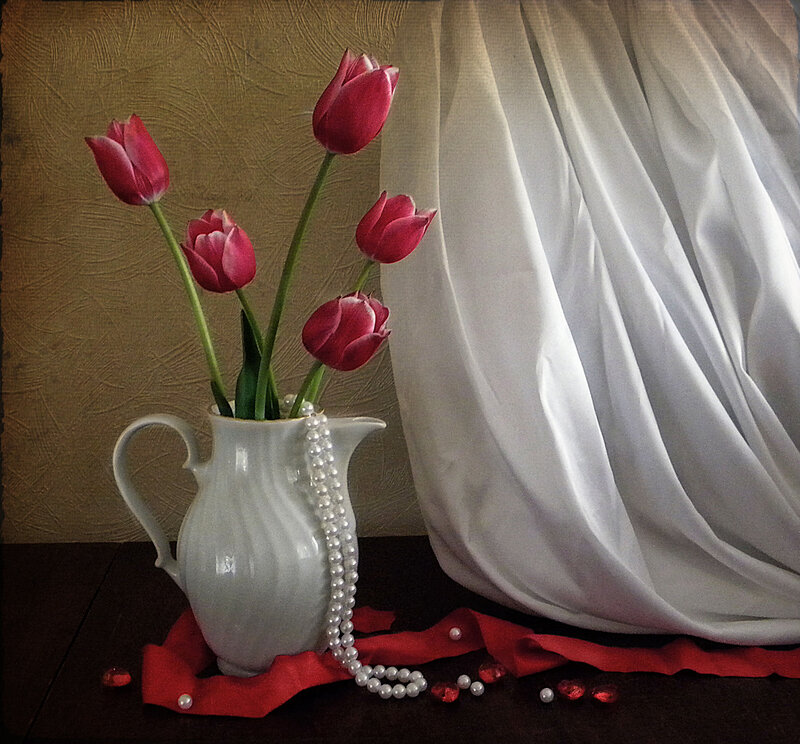 Red Tulips in Pitcher — Serene
