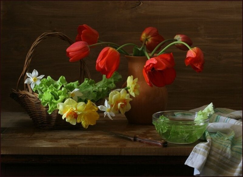 Red Tulips in Vase — Brown