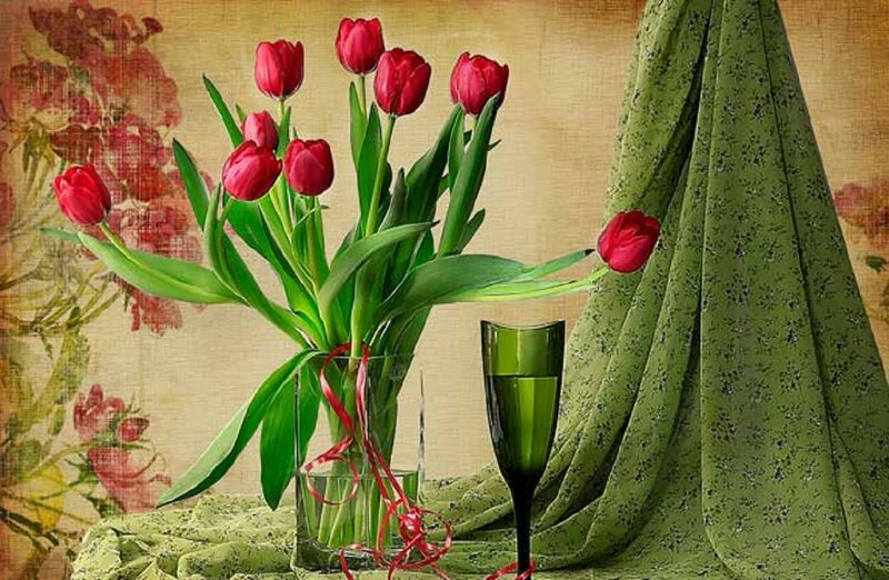 Red Tulips in Vase — Calm, Digital Art