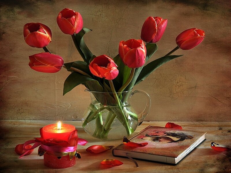 Red Tulips in Vase — Calm, Night