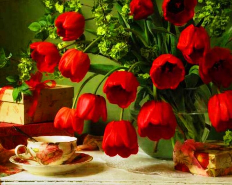 Red Tulips in Vase — Calm, Painting