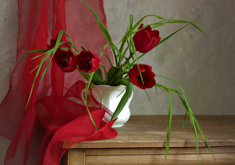 Red Tulips in Vase — Calm, Photograph, Fabric