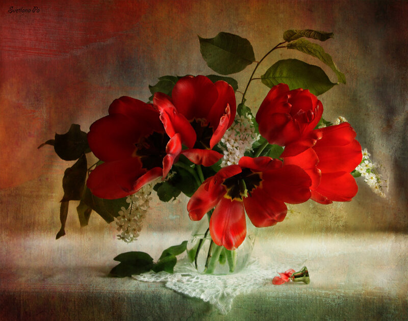 Red Tulips in Vase — Dramatic, Painting, Lace
