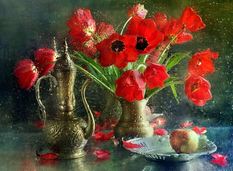 Red Tulips in Vase — Dramatic, Painting