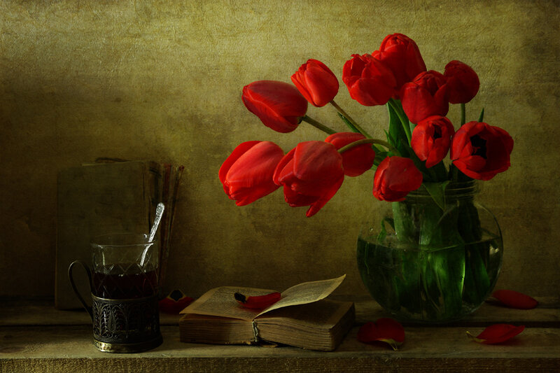 Red Tulips in Vase — Dramatic, Photograph, Book