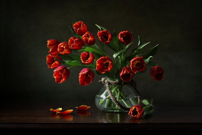 Red Tulips in Vase — Dramatic, Photograph, Table