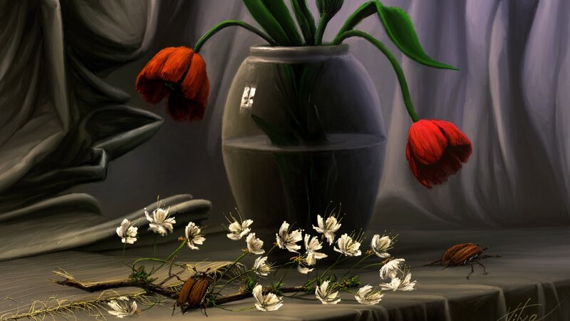 Red Tulips in Vase — Gray, Dramatic, Digital Art