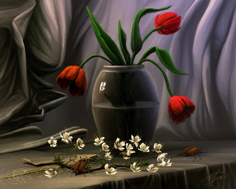 Red Tulips in Vase — Gray, Dramatic