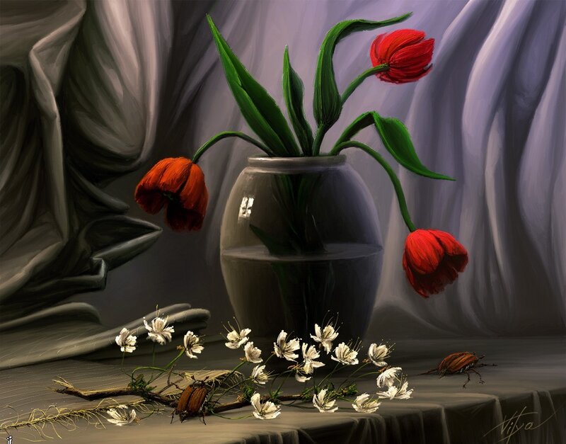 Red Tulips in Vase — Gray