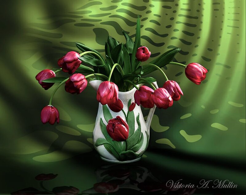 Red Tulips in Vase — Green, Dramatic