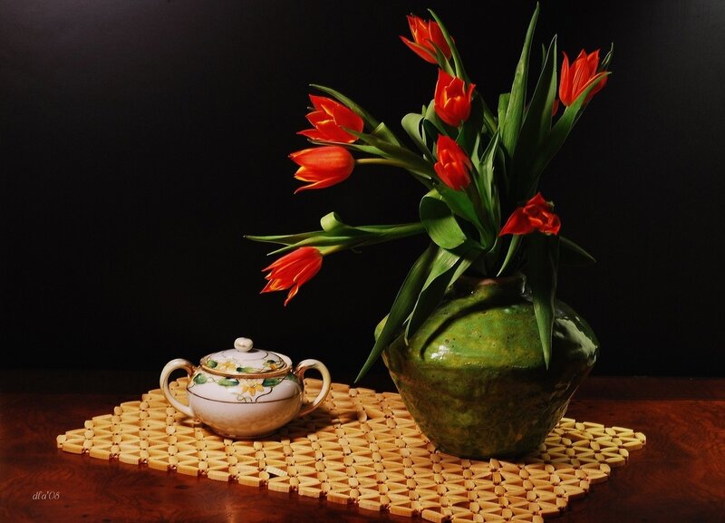 Red Tulips in Vase — Green