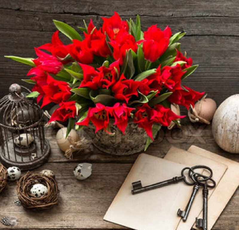 Red Tulips in Vase — Rustic
