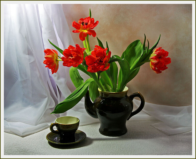 Red Tulips in Vase — Serene, Photograph, Cup and Saucer