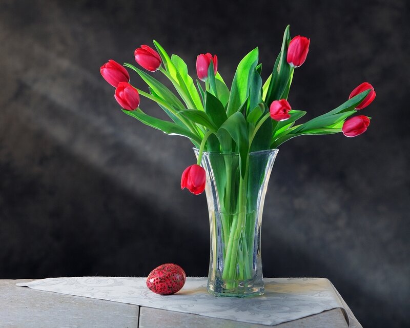 Red Tulips in Vase — Serene, Photograph, Egg