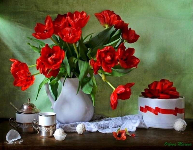 Red Tulips in Vase — Serene, Photograph, Flowers