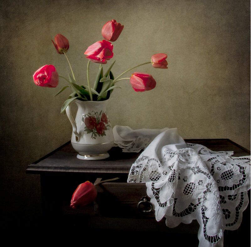 Red Tulips in Vase — Serene, Photograph, Lace Cloth