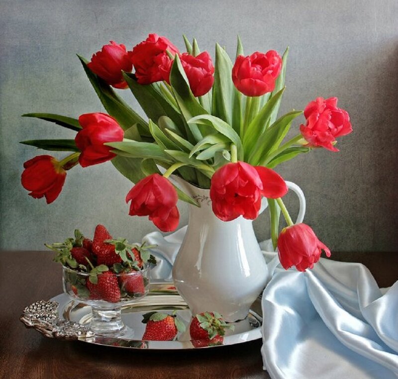 Red Tulips in Vase — Serene, Photograph, Strawberries, Silver Tray