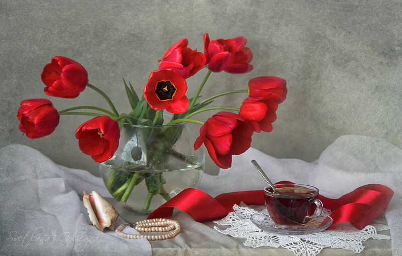 Red Tulips in Vase — Serene, Photograph, Tea Cup