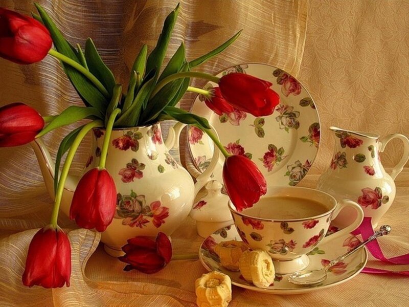Red Tulips in Vase — Serene, Photograph, Tea Set