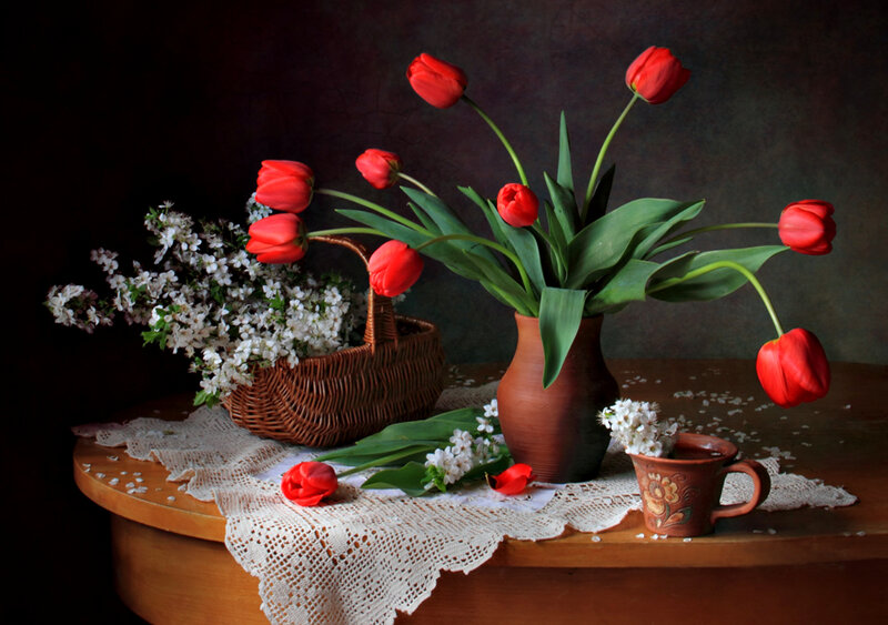 Red Tulips in Vase — Serene, Spring, Photograph, Basket