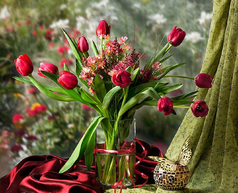 Red Tulips in Vase — Serene, Spring, Photograph