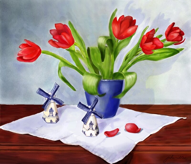 Red Tulips in Vase — Serene