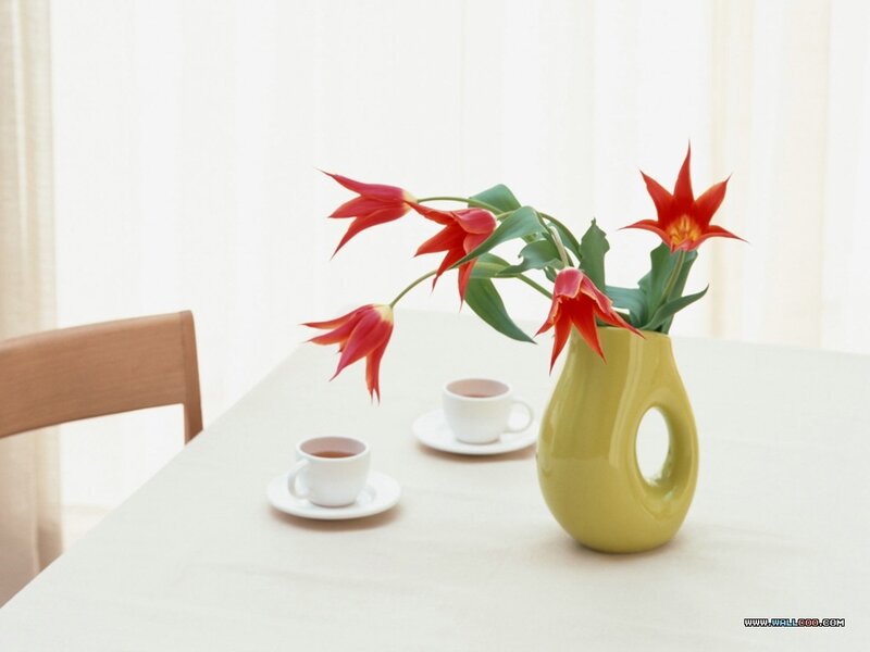 Red Tulips in Vase — Yellow