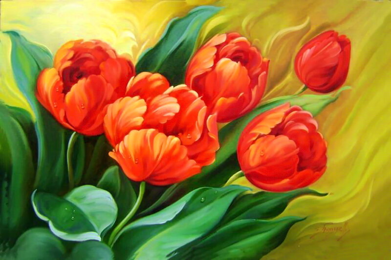 Red Tulips with Green Leaves — Vibrant