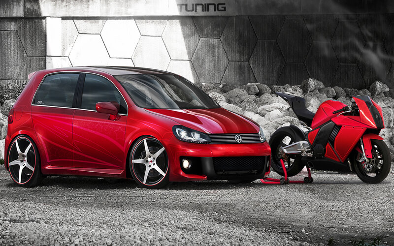 Red Tuning Car and Motorcycle