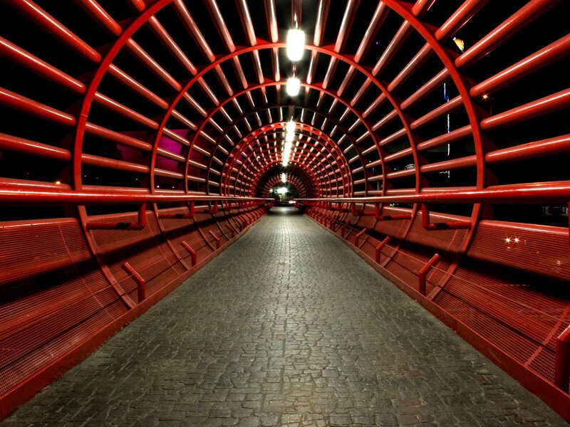 Red Tunnel Walkway — Dramatic, Night