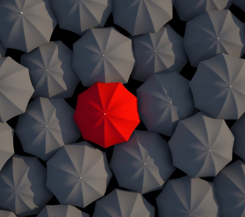 Red Umbrella Among Gray Ones — Dramatic