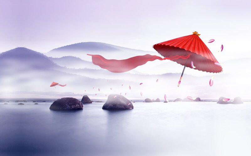 Red Umbrella Floating — Serene, Digital Art