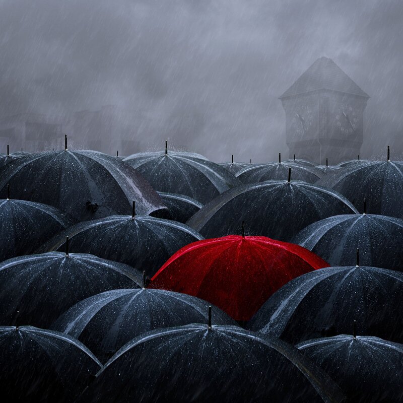 Red Umbrella in Rain — Black, Dramatic