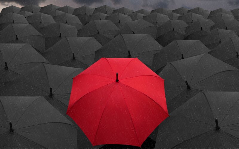 Red Umbrella in Rain — Dramatic, Photograph