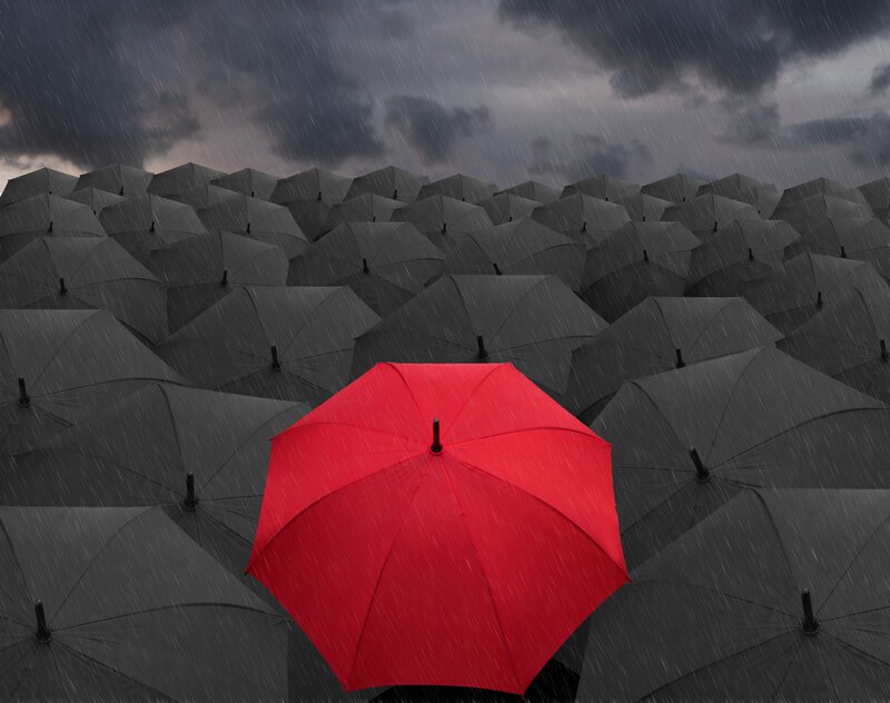 Red Umbrella in Rain — Dramatic