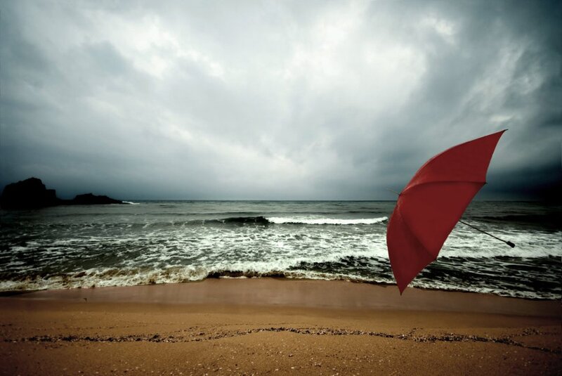 Red Umbrella on Beach — Dramatic, Photograph