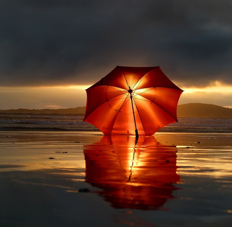 Red Umbrella on Beach — Dramatic, Sunset, Photograph