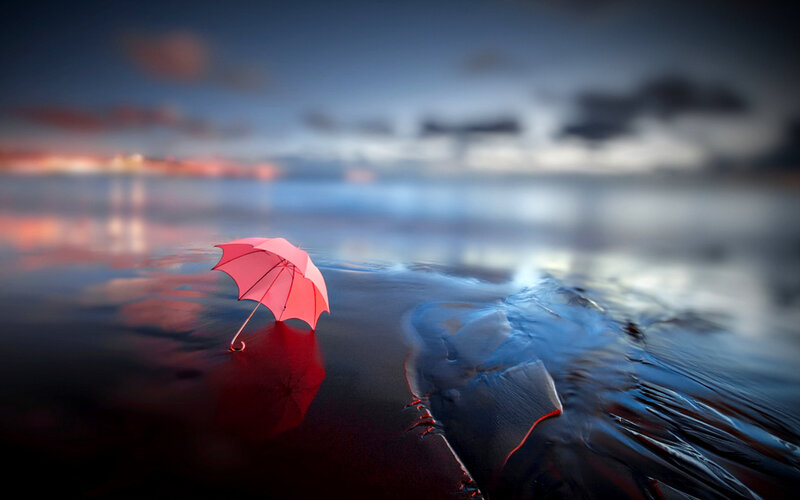 Red Umbrella on Beach — Dramatic, Sunset