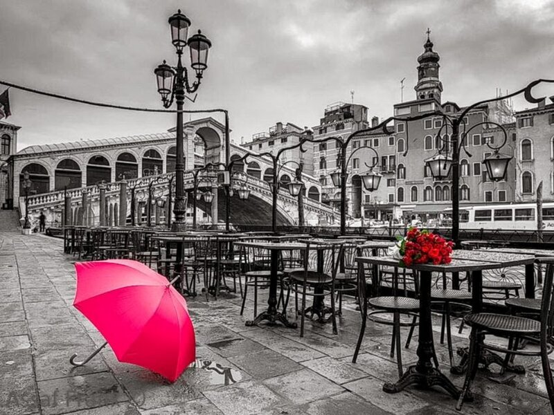 Red Umbrella on Pavement — Black, Dramatic