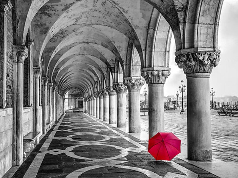Red Umbrella on Pavement — Black