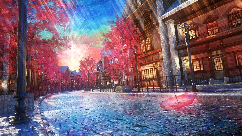 Red Umbrella on Street — Blue