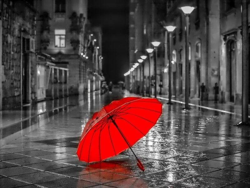 Red Umbrella on Street — Dramatic, Night