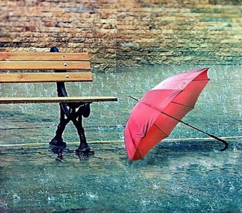 Red Umbrella on Wet Ground