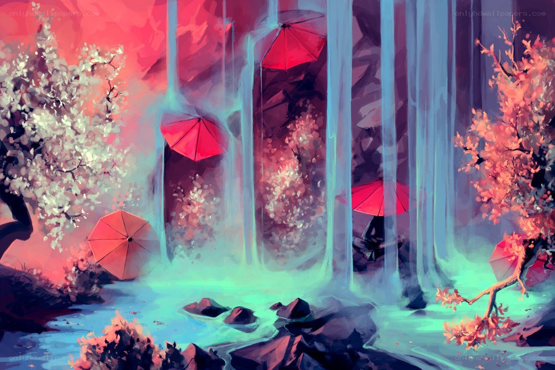 Red umbrellas in a mystical forest