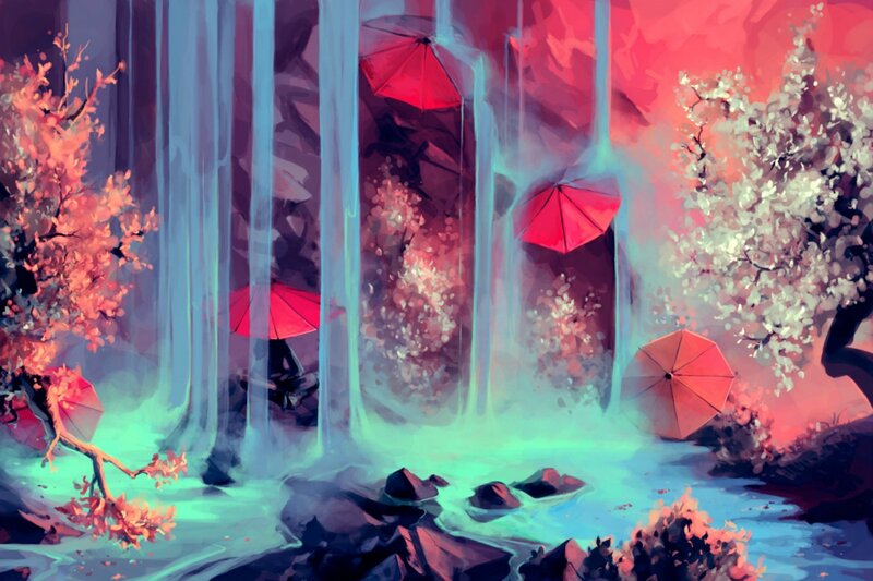 Red Umbrellas in Forest — Serene
