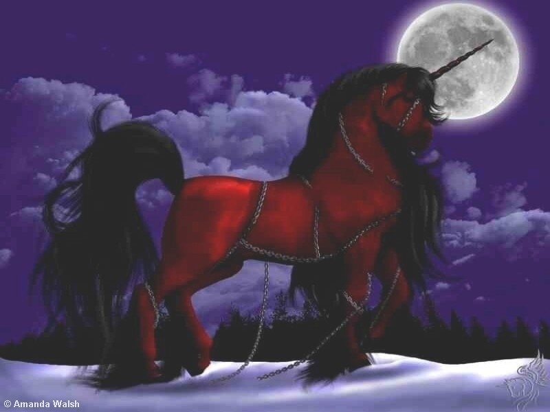 Red unicorn in moonlight