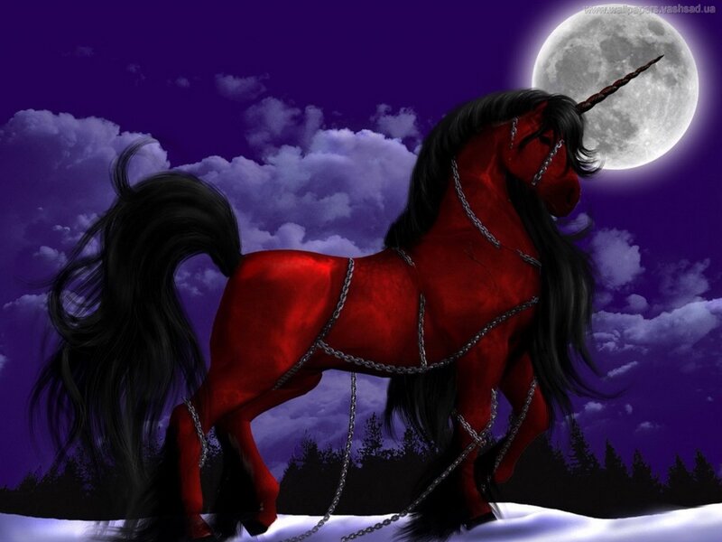 Red Unicorn in Snow — Purple, Dramatic