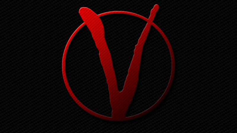 red v logo on carbon fiber
