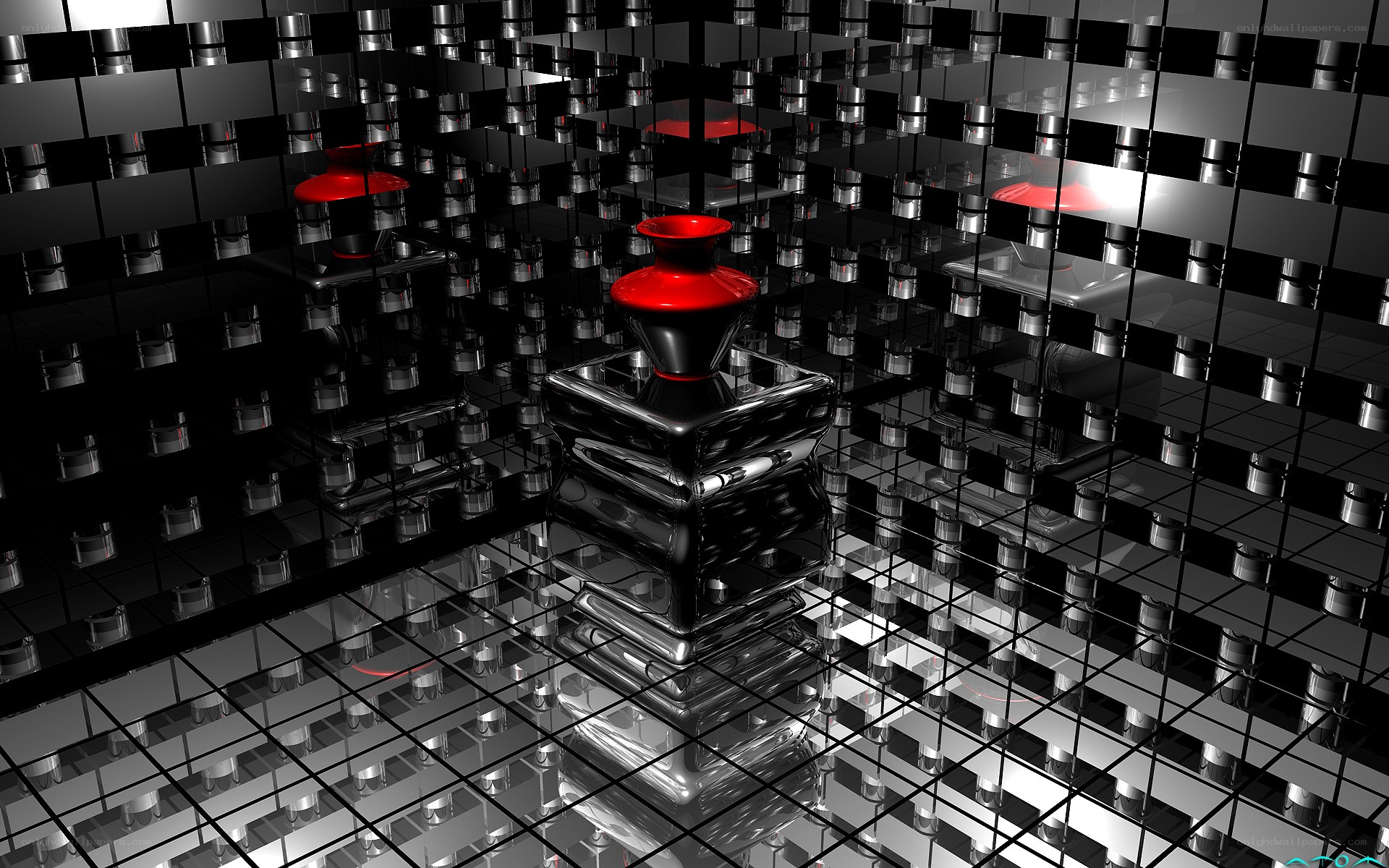 Red vase in mirrored room