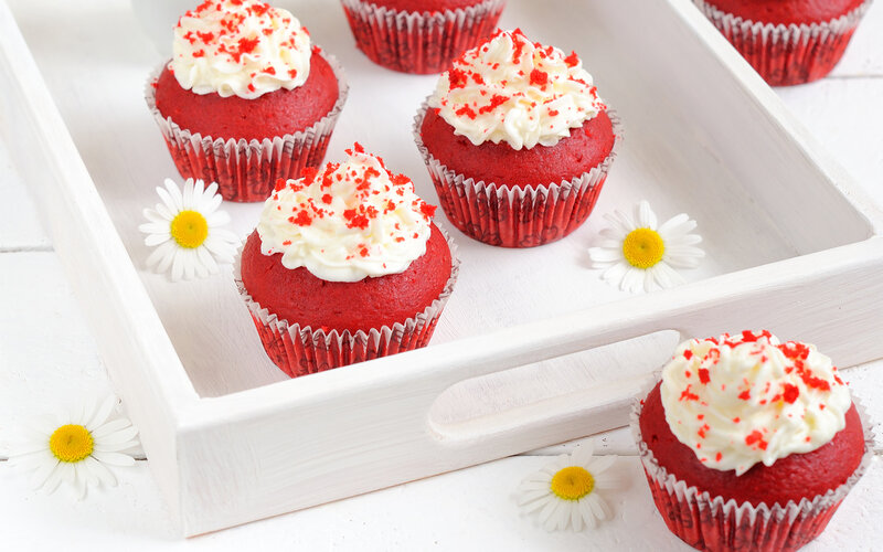 Red Velvet Cupcakes — Bright, Photograph, Daisies